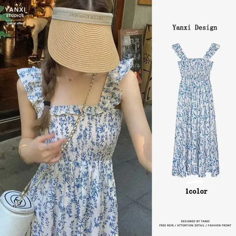 Sweetheart Slimming Tank Dress Blue Floral Printed Waist-Fitted Long Dress For Women Relaxed Vacation Style 250313