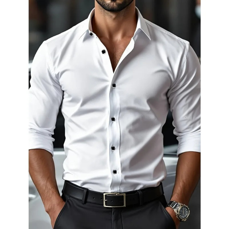 2025 Mens Shirt Solid Color Long Sleeve Smart Casual Four Season Elastic Male Business Shirts 250417