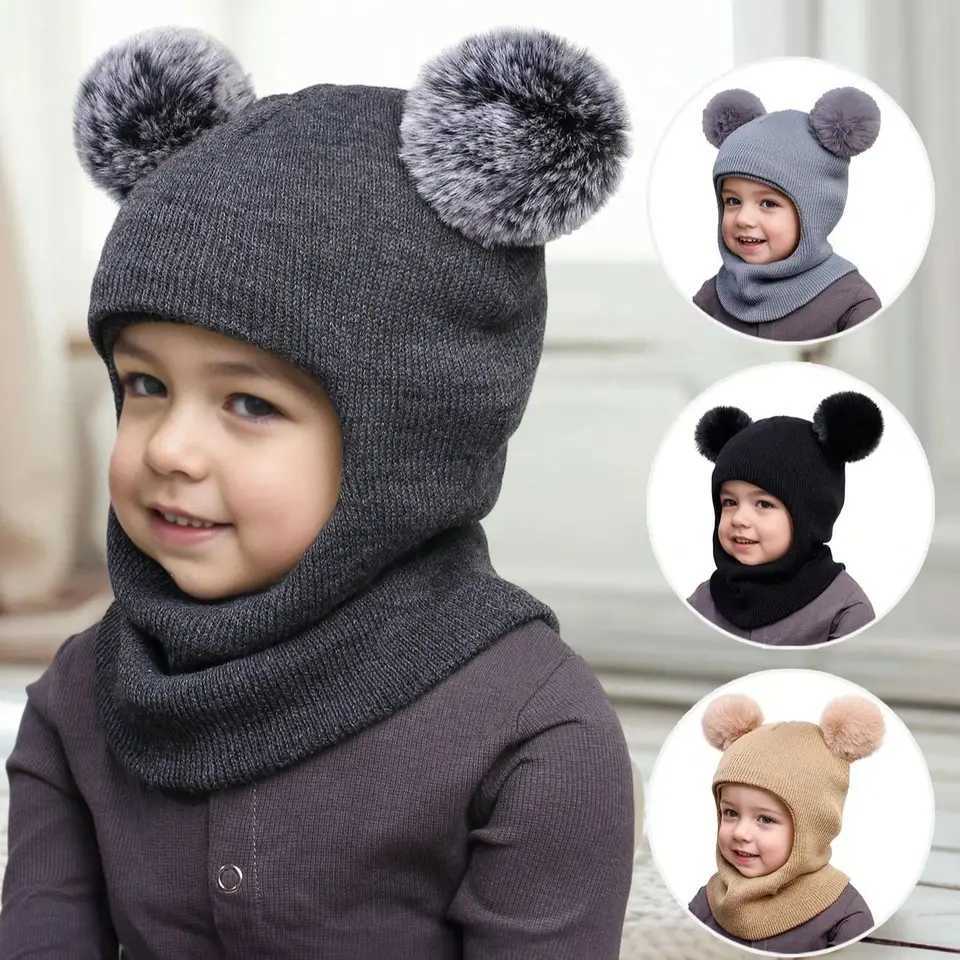 312Y autumn and winter doubleball pullover cap childrens doubleball earprotecting onepiece cap solidcolor cute woolen o Z251029