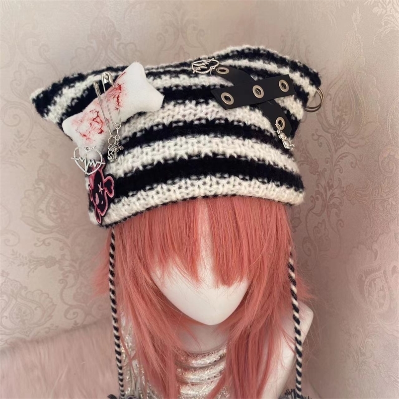 Beanie/Skull Caps Harajuku Gothic Lolita Japanese Beanie Hat Striped Knitted Cap Autumn Winter Cute Ox Horn Y2K Girl Women's Hats 230921