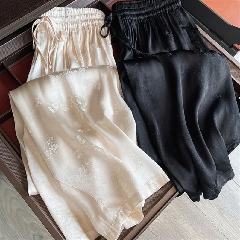 Acetate satin wide leg pants for women in summer silk casual sun protection chiffon floral Chinese style ethnic style pants 250410