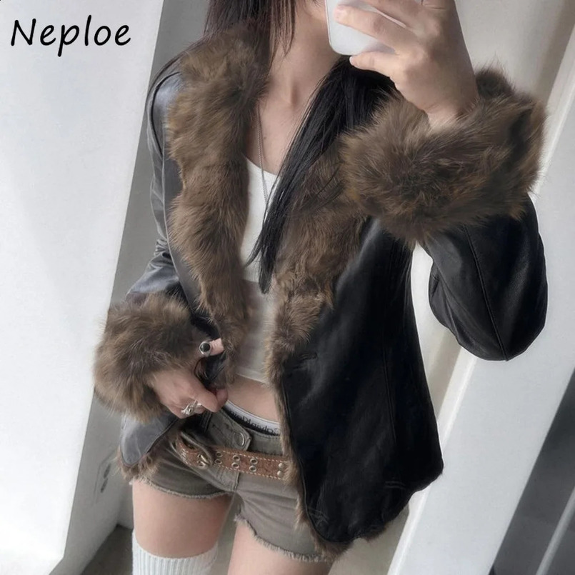 Neploe Slim PU American Vintage Fur Patchwork Coat Leather Spice s Fairycore Y2K Jacket Harajuku Streetwear Hip Hop Outwears 241220