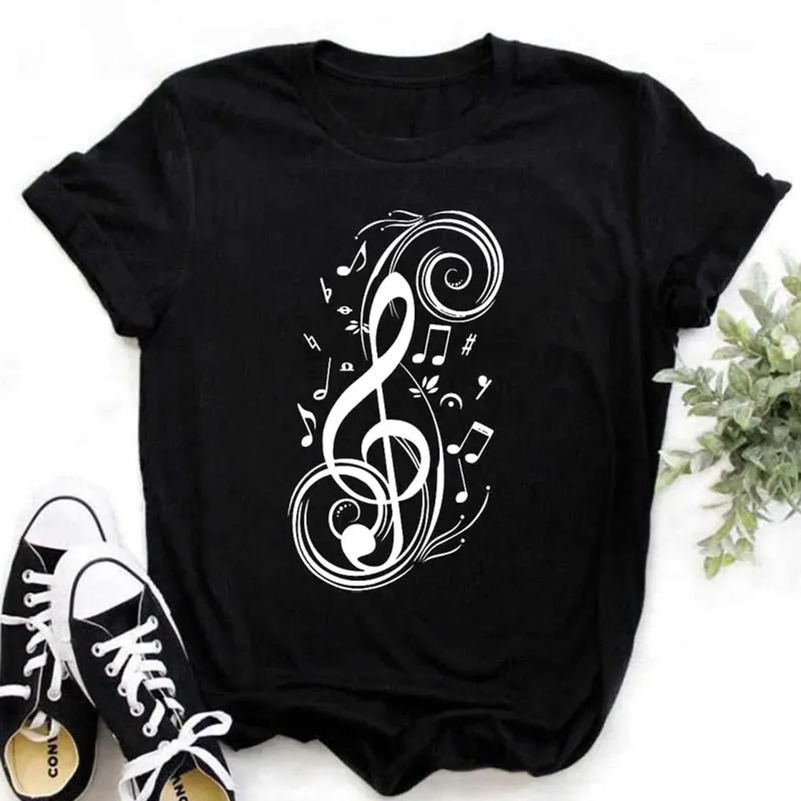 Plus Size Maycaur Harajuku Women T Shirt Music Note Printed Tops Women Black T-shirt Ladies Fashion Graphic Tees Female Tops 250417