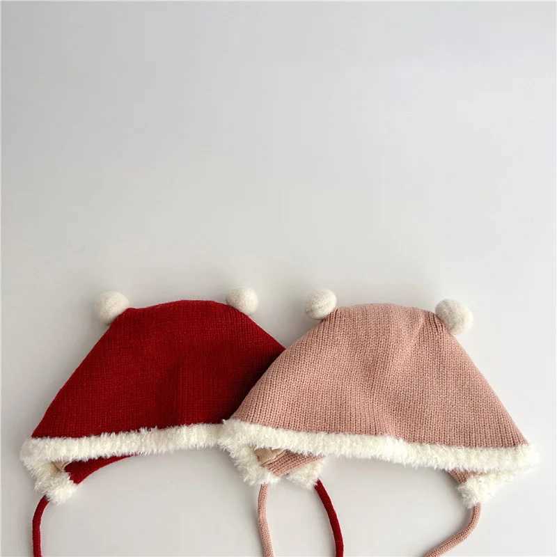 New Year Red Baby Pullover Cap Winter Warm Newborn Ear Protection Hat Fluffy Fur Edge Headgear Bonnet 220M Kids Knitted Beanies Z251029