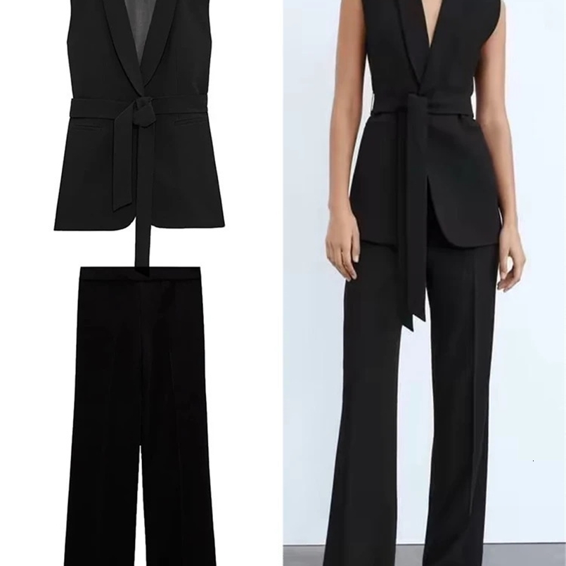 TRAF Womens Vintage Lapel Sleeveless Solid Colour Belted Vest Top Jacket and Blazer Pants Set Elegant Pant Suit 240826