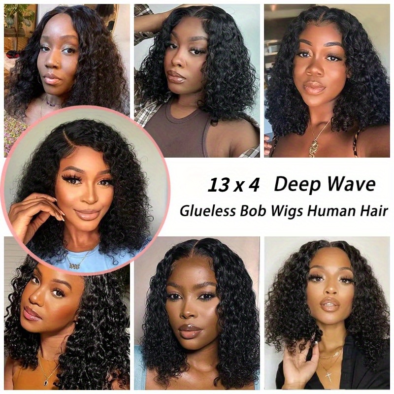 Brazilian Water Wave Human Hair Wig 250% Density Short Curly Bob Lace Front for Women Natural Black Short Hair Wig