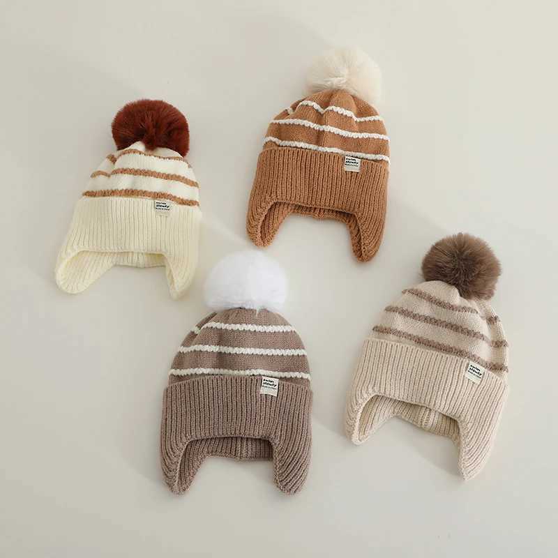 Fluffy Fur Ball Baby Knitted Ear Protection Hat Fashion Striped Kids Earmuffs Cap Winter Warm Children Woolen Beanies 13Year Z251029