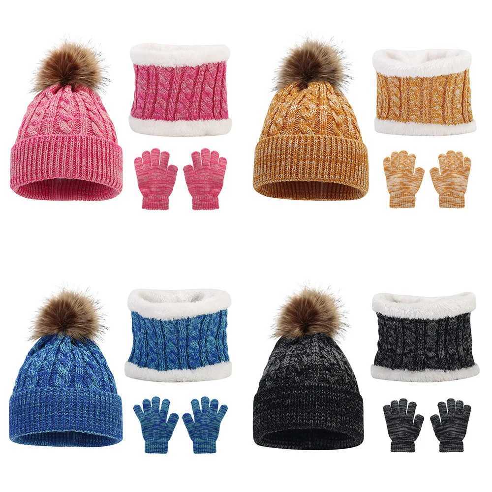 3pc312Y childrens cap scarf gloves autumn and winter threepiece set warm and fluffy scarf mixedcolor cap Z251029