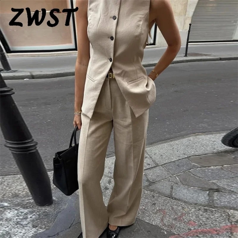 Elegant Vest Two Piece Set Women Office Single Breasted Top High Waist Wide leg Pant Female Suit Cotton Linen Lady Trousers Sets 240826