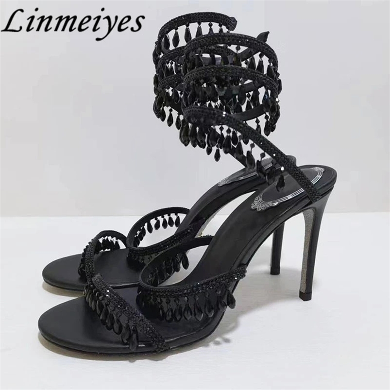 Summer High Heels Sandals Women Rhinestone String Bead Ankle Snake Twine Around Wedding Shoes Lady Gladiator Sandals Woman 240528