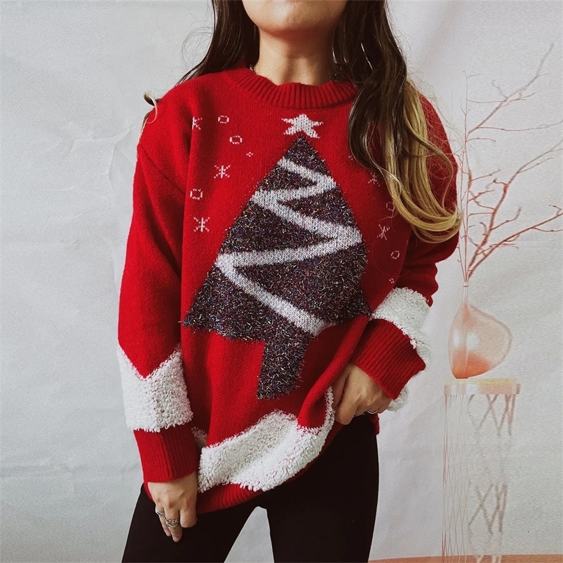 OMCHION Year Jumper Tree Gold Thread Flocked Christmas Sweater Round Neck Long Sleeve Loose Knitted Zipper 241025