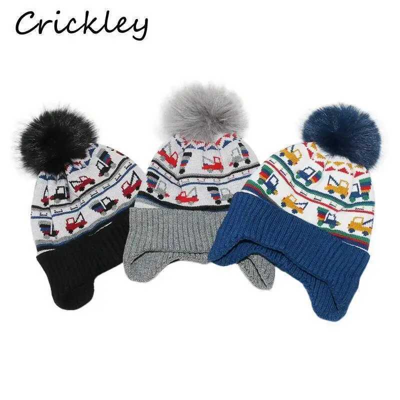 Car Truck Boys Girls Hats Winter Pompom Cartoon Knitted Children Caps Thick Warm Fleece Ear Protection Kids Hats Z251029