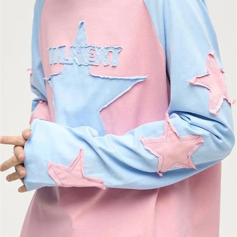 Harajuku Star Embroidered Long Sleeve T-shirt Y2K Set Womens Contrast Patch Long Sleeve College Casual Long Sleeve Mens Top 240823