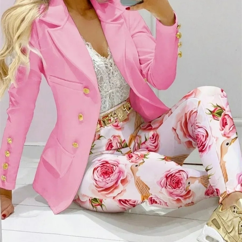 Printted Two Pieces Sets for Women Slim Formal Office Pant Suits Elegant Jacket and Pants Sets Women Tracksuits 2PCS 240826