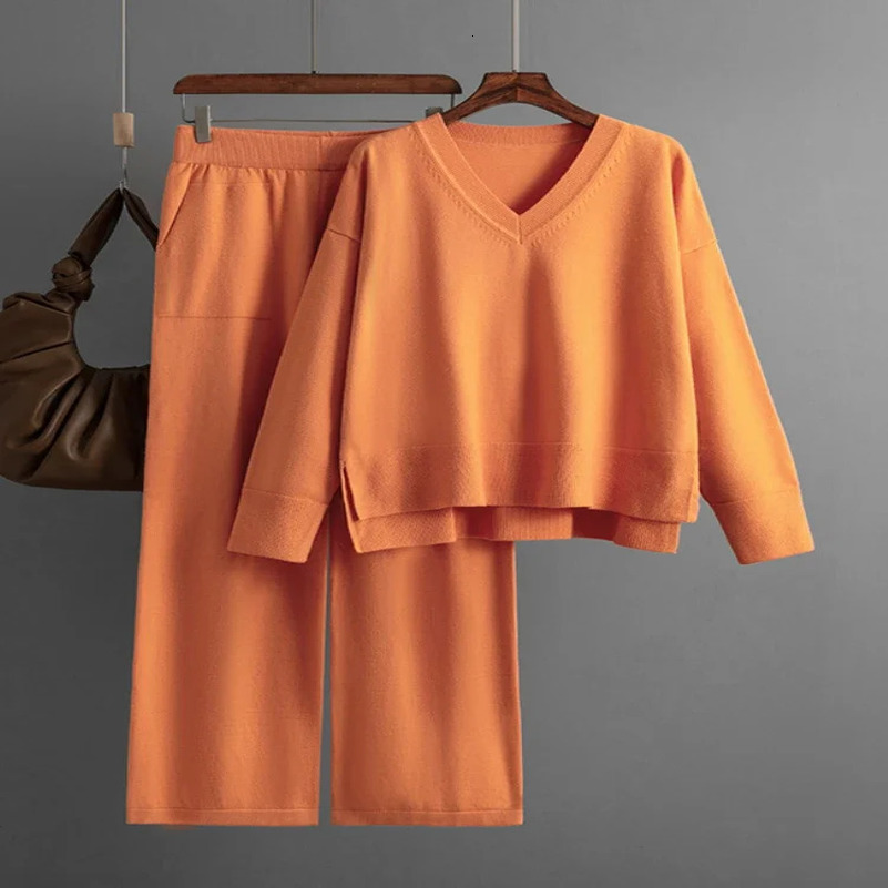 European and American Autumn/Winter Casual Set Womens Solid Loose Pants Set Sweater Zipper Knitted Two Piece Set 241010