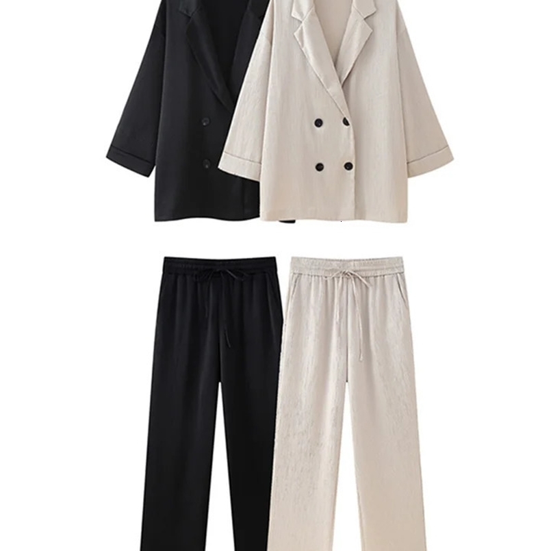 Casual Wrinkled Blazer Coat Pants Set Women Solid Loose Long Sleeve Double Breasted Top Wide Leg Trousers Lady Elegant Suit 240826
