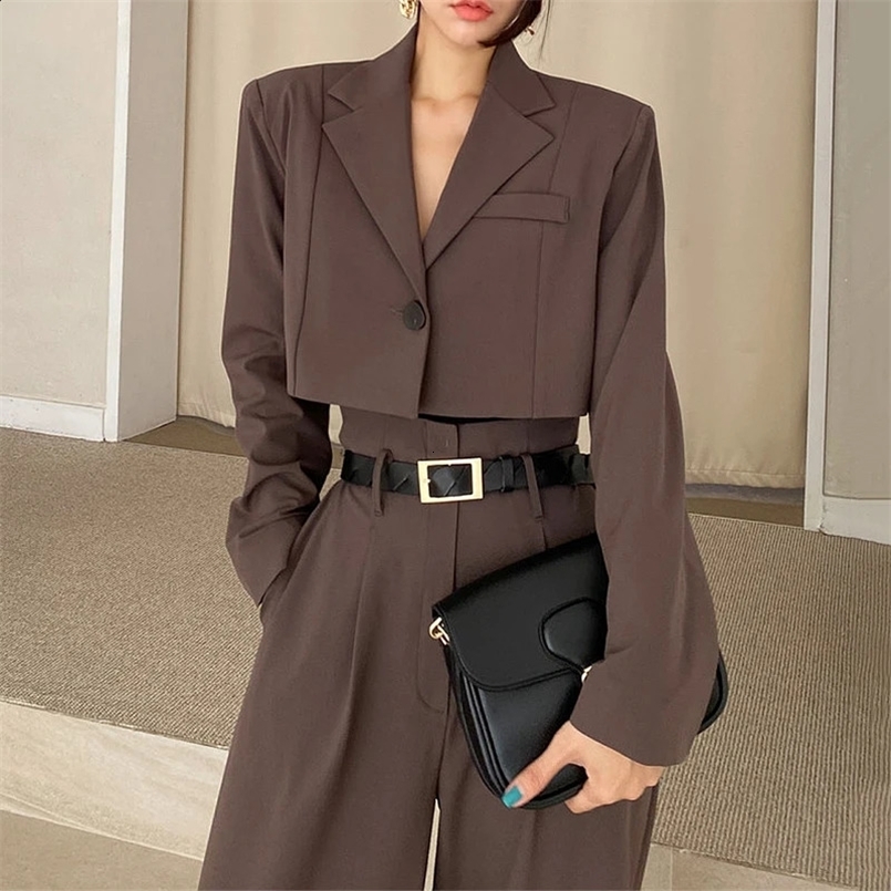 Office Lady Blazer Suits Vintage Two Piece Set Women Long Sleeve Short Blazer High Waist Wide Leg Long Pants 2 Piece Outfits 240826