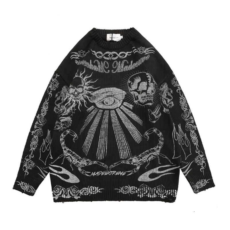 Men High Street Sweater Vintage Distressed Skull Graffiti Knitted Pullovers Women Cotton Harajuku Causal Loose Sweaters Autumn 220819