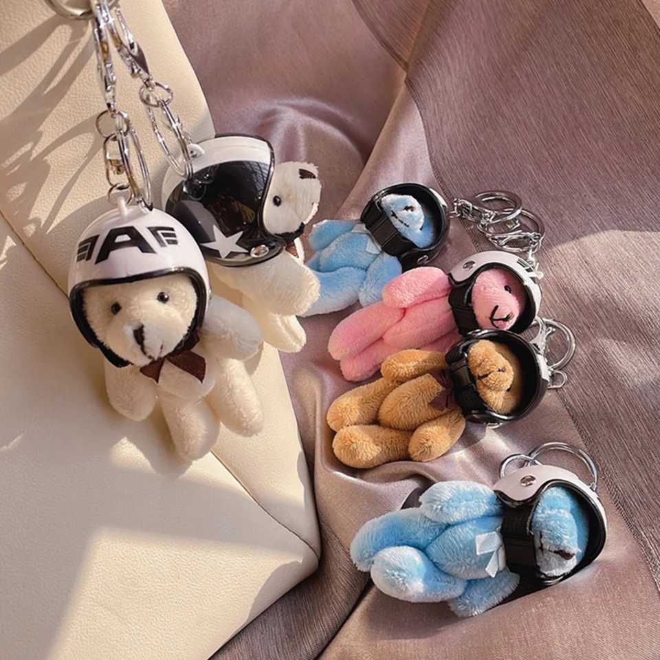 Lovely Helmeted Bear Charm Keychains Y2K Plush Ornament Pendant Car Keyring Backpack Decoration Bag Charm Jewelry D250923