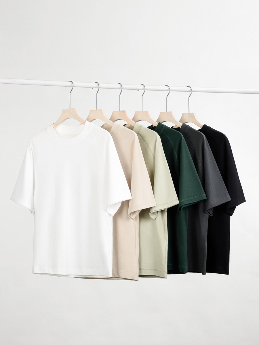 Men's New Raglan Sleeve Tee - 100% Cotton, Oversized Fit, Solid Color, Minimalist Topstitch Design Short Sleeve T-Shirt -66C
