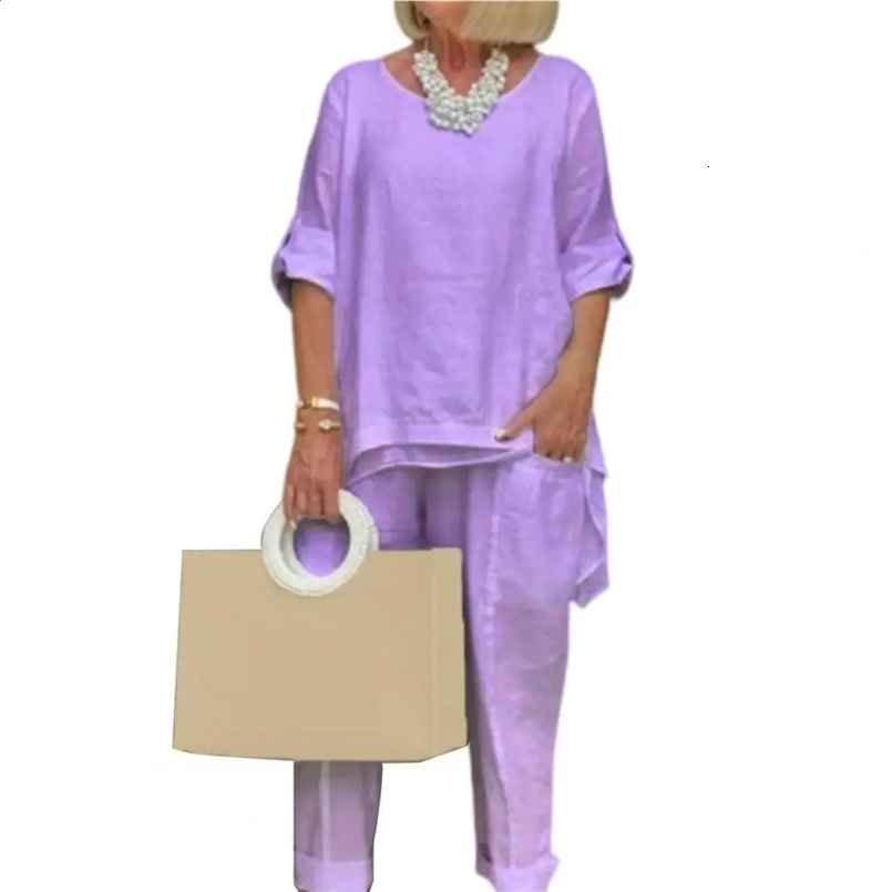 Two Piece Women Set Linen T-shirt Pants Solid Color Irregular Hem Elegant Suit Loose Women Outfit Summer 240826