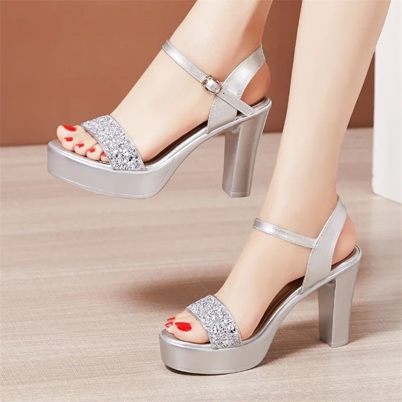 8 10 13cm Small Size 32-43 Bling Silver Wedding Shoes Bride Platform Sandals Summer Block High Heels Sandals Party Model 241010
