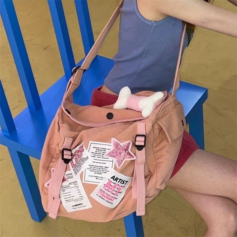 Evening Bags MBTI Y2k Vintage Womens Shoulder Bag Pink Canvas Letter Patchwork Messenger Bag Large Capacity Aesthetic Student Casual Handbag 230824