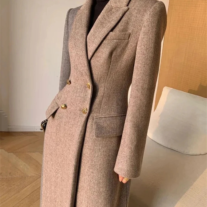 Long Wool Coat Women Elegant Woolen Blazer Jackets Vintage Korean Slim Suit Overcoat Winter Office Lady Casual Outwear 240822