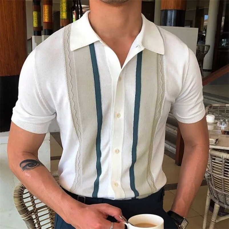 Mens summer business knitted short sleeved polo shirt streetwear with breathable button down stripes fashionable and lightweight retro shirt 250410