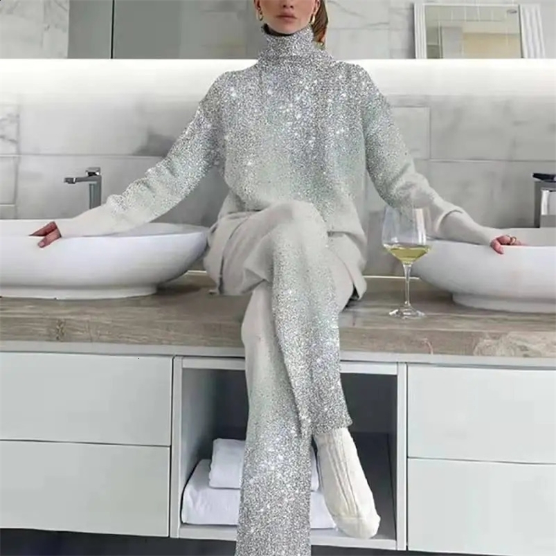 Femme Long Sleeve Top High Waist Pant Suit Elegant Women Turtleneck Print Casual Tracksuit Spring Autumn Loose Pant Suit 240826