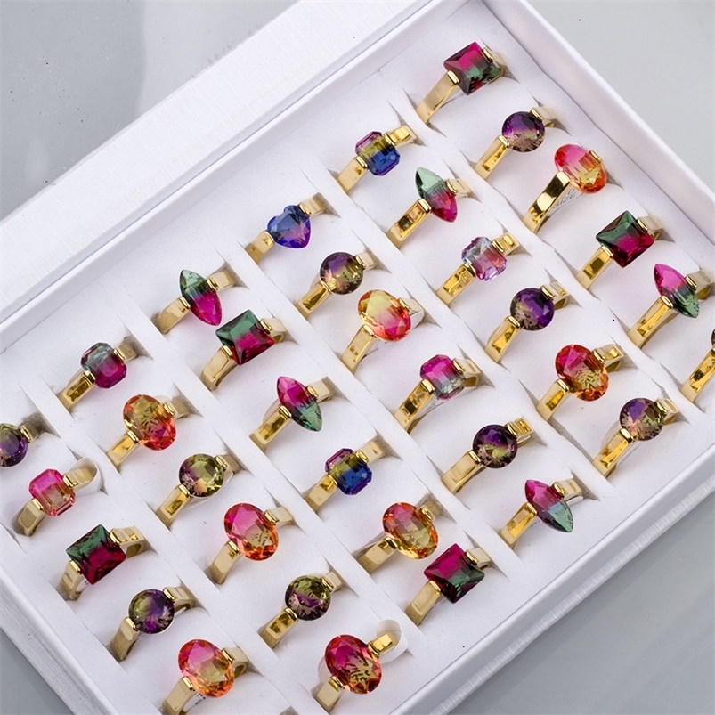 Solitaire Ring 24Pcs Stainless Steel Rainbow Tourmaline Rings For Women and Men Mix Style Wedding Band Fashion Jewelry Gift Wholesale 230810