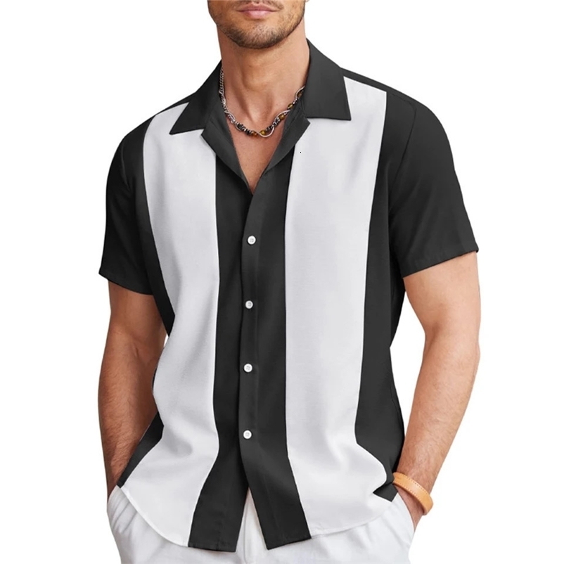 Fashion Men Casual Vintage Bowling Shirt Hawaiian Short Sleeve Button Down Loose Shirt Cotton Oxford Striped Mens Clothing 240529
