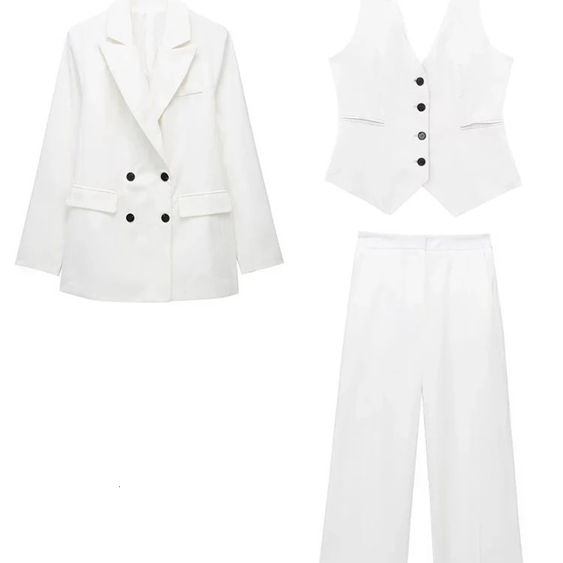 TRAF Womens Elegant Blazer Vest Pant 3 Pieces Sets Long Sleeves Blazer Loose Trouser Female Double Breasted Vest Solid OL Suits 240826