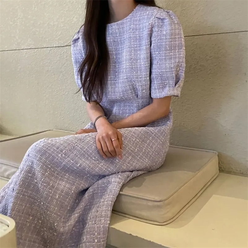 Elegant O Neck Puff Short Sleeve Purple Plaid Dress Women Maxi Fashion Korean White Tweed Robe Vestidos Long Fall 240529
