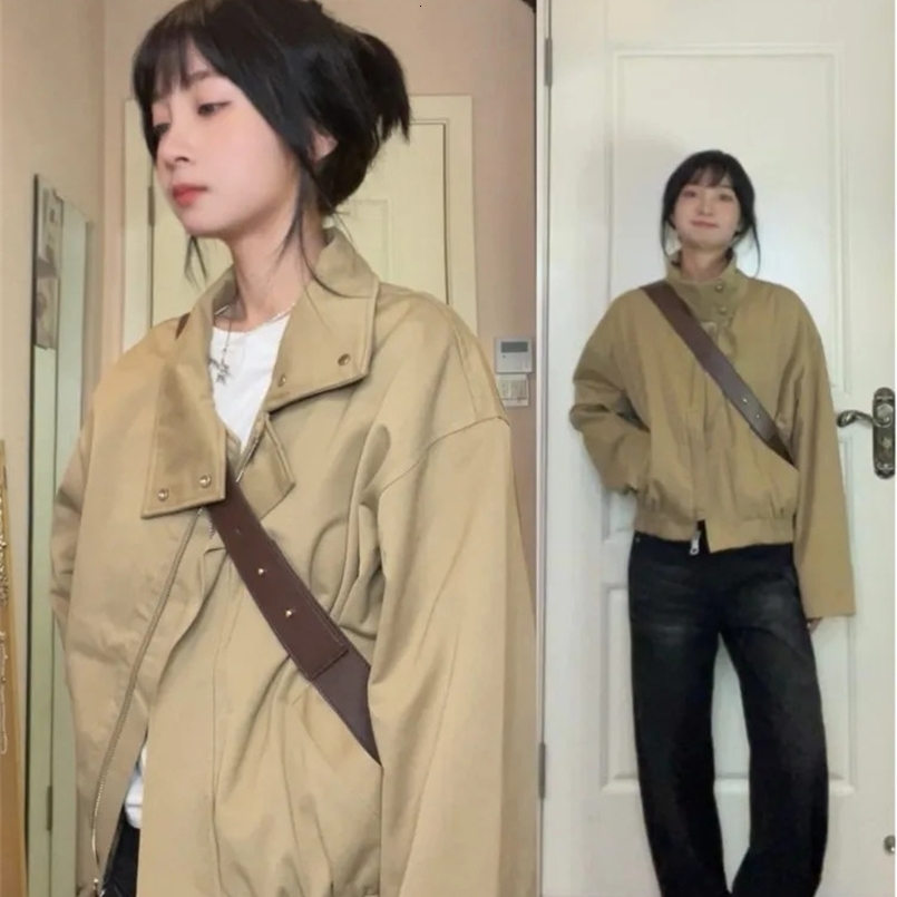 Vintage Cargo Baseball Jacket Women Loose Fitting Standing Collar Bomber Jacket Top Harajuku Lapels Spring Autumn Casual Coat 240827