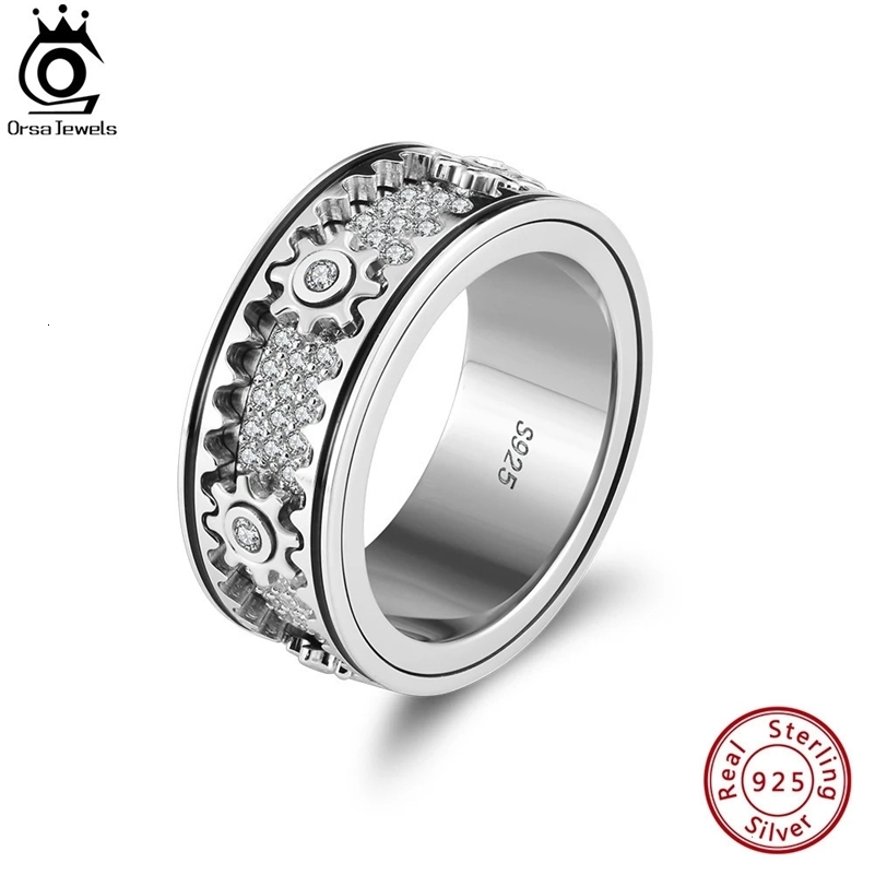 ORSA JEWELS 100% 925 Sterling Silver Rotating Gear Rings for Men Vintage Statement Thumb Rotatable Fidget Band Jewelry NMR14 240624