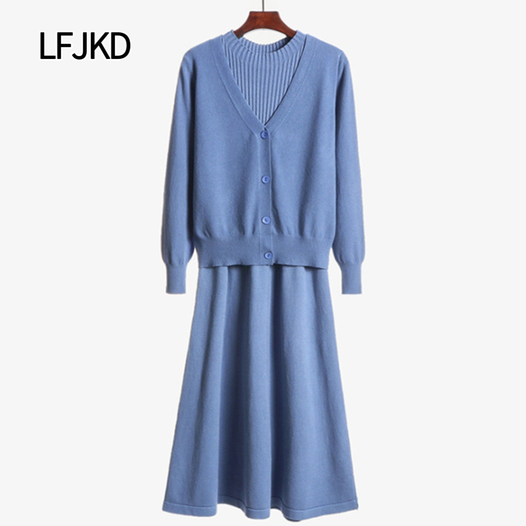 K2226 2024 new autumn women's two-piece suit: knitted sweater dress + long-sleeved cardigan suit, loose A-line version