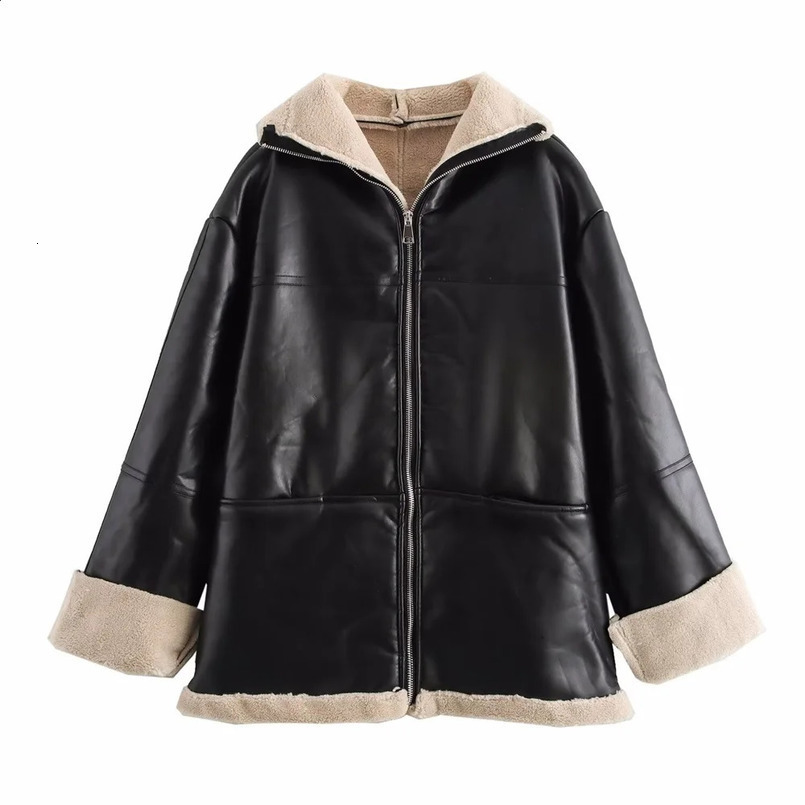 BMURHMZA womens zipper decoration classic fur one-piece leather jacket winter item lapel warm jacket 241220