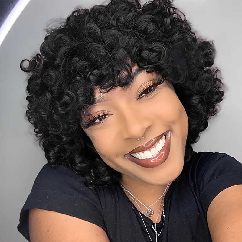 Women's 100% Human Hair Short Bob Afro Pixie Cut Wig Loose Curls with Bangs 180% Density Bouncy Curls Rose Cap Glueless Wig for All Ethnicities