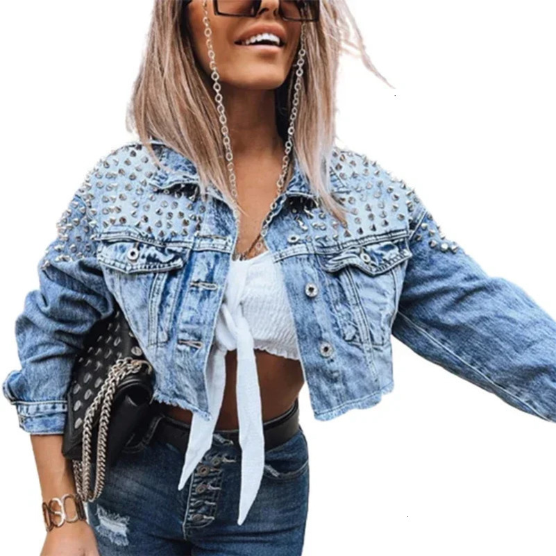 Western Cow Style Studded Decoration Jacket Womens Lapel Single-breasted Short Coat Trend Streetwear Female Casual Outerwear 250122