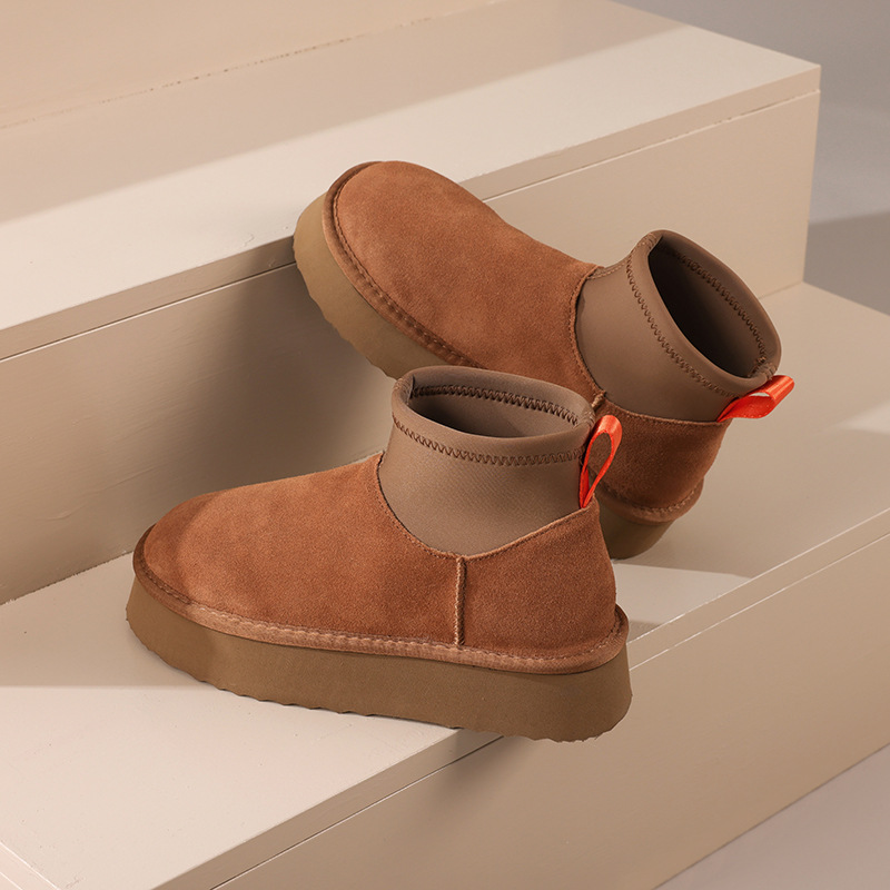 hot free shipping designer shoes Winter new thick soled cowhide wool snow boots for women added fleece keep warm cotton shoes black grey brown