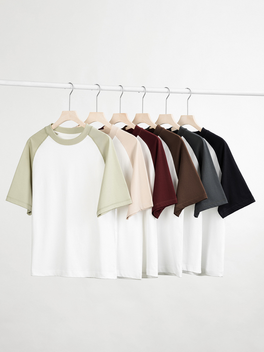 Unisex Loose Raglan Sleeve T-Shirt Cotton, Color Block, Non-See-Through Short Sleeve, Comfortable Summer Undershirt for Men & Women-75Z