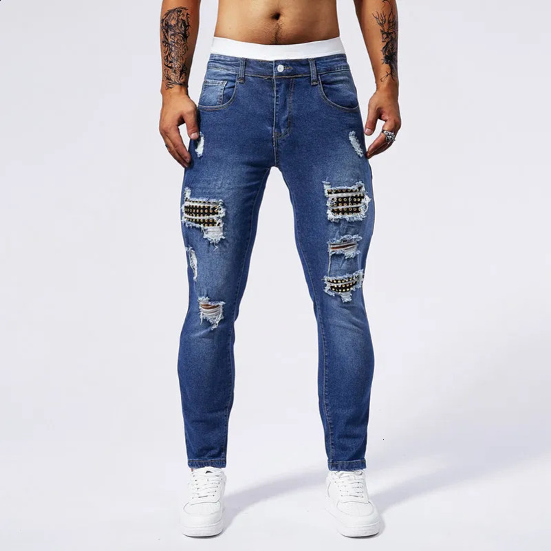 High Quality Mens Denim Pants Hole Ruined High Street Worn-out Small Leg Elastic Jeans Tight Jeans for Men 250116