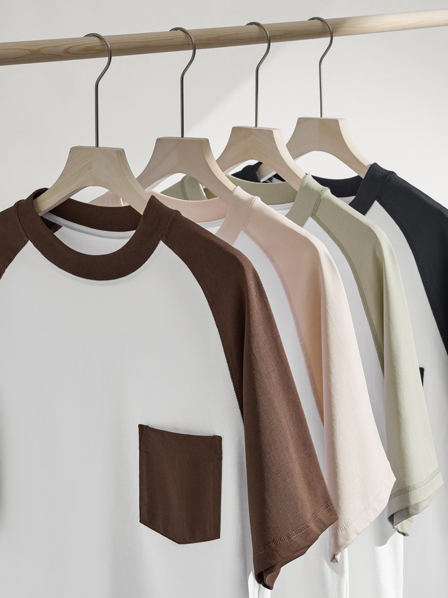 Men's Summer Short Sleeve Raglan T-Shirt - 100% Cotton, Color Block with Pocket, Casual Style, Ideal for Wholesale -76Z