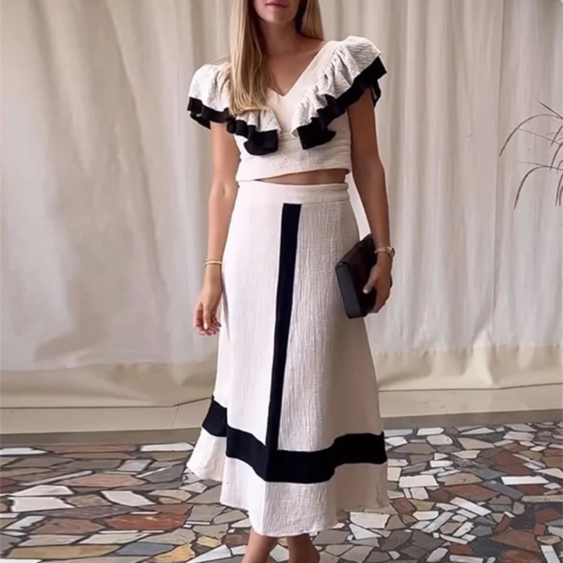 Knit Ruffle Patchwork Skirt Sets Women Elegant V-neck Sleeveless Top Midi Skirts Female Suit Summer Slim 2 Piece Set 240826