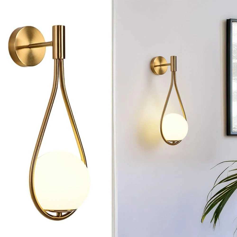 LED Indoor Wall Light Gold Globe Wall Lamp White Glass Shade Metal Wall Sconce for Restaurant Headboard Living Room No Bulb C251124
