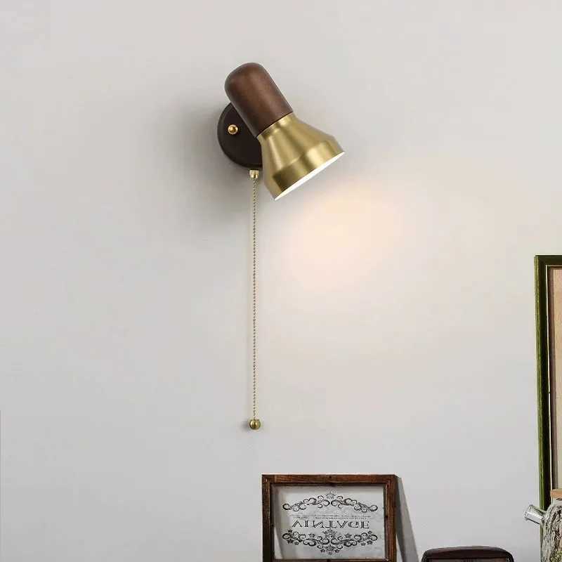Retro LED solid wood wall lamp with zipper switch living room aisle bedroom bedside lamp with adjustable angle reading lighting C251124