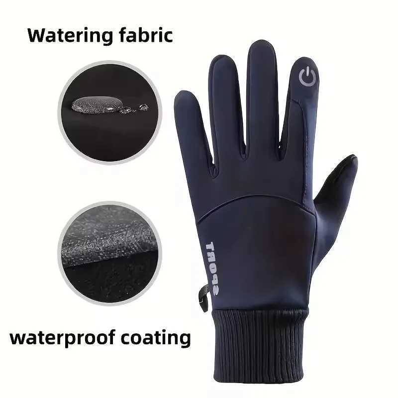Black Winter Fleece Gloves Full Fingers Waterproof Touch Screen Cycling Outdoor Sports Running Motorcycle Ski Warm J250922