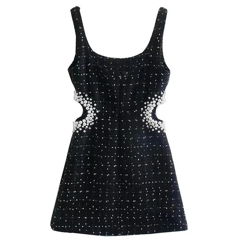 TRAF-Womens Faux Pearl Beading Tweed Mini DressBack Zipper Hollow Out Female Dresses Sexy Fashion 240529