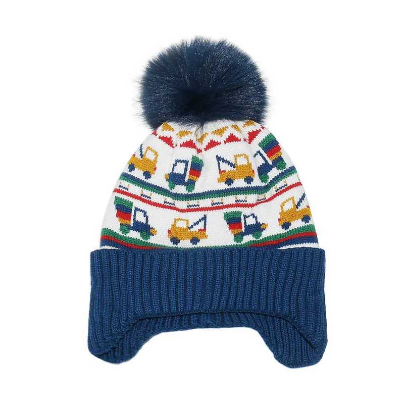 Car Truck Boys Girls Hats Winter Pompom Cartoon Knitted Children Caps Thick Warm Fleece Ear Protection Kids Hats Z251029